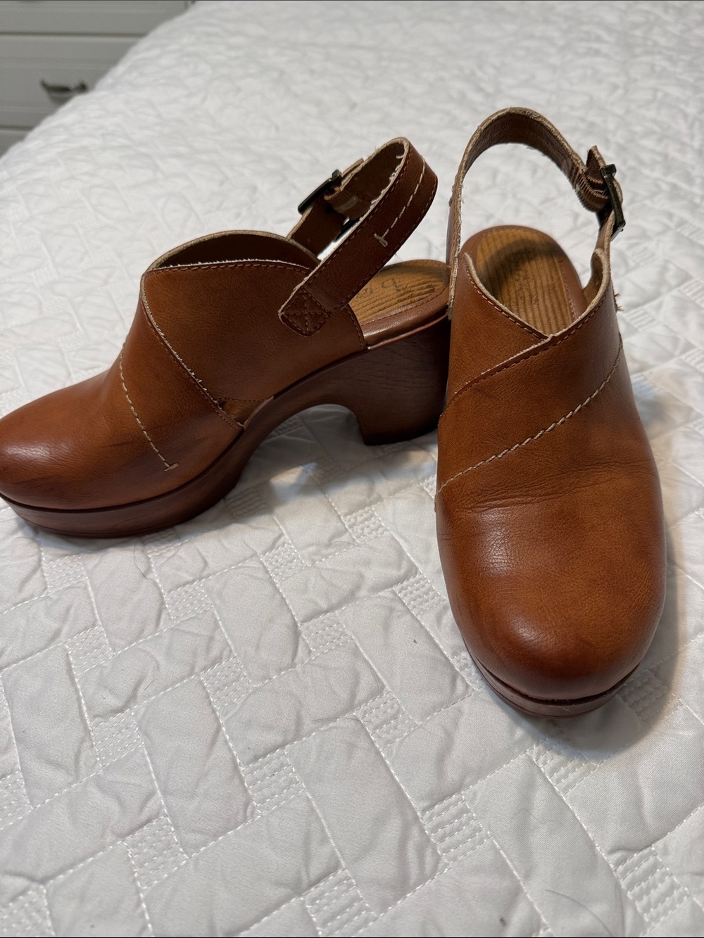Women's Brown Leather Slingback Clog Heels, boc